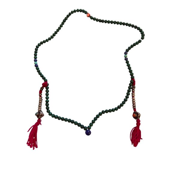 Tibetan Ritual Green Beaded Necklace With Lapis Lazuli Pendant Red Tassels - Picture 2 of 11